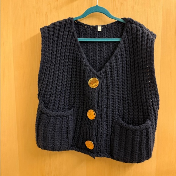 Sweaters - Chunky Blue Knit Vest with Gold Buttons